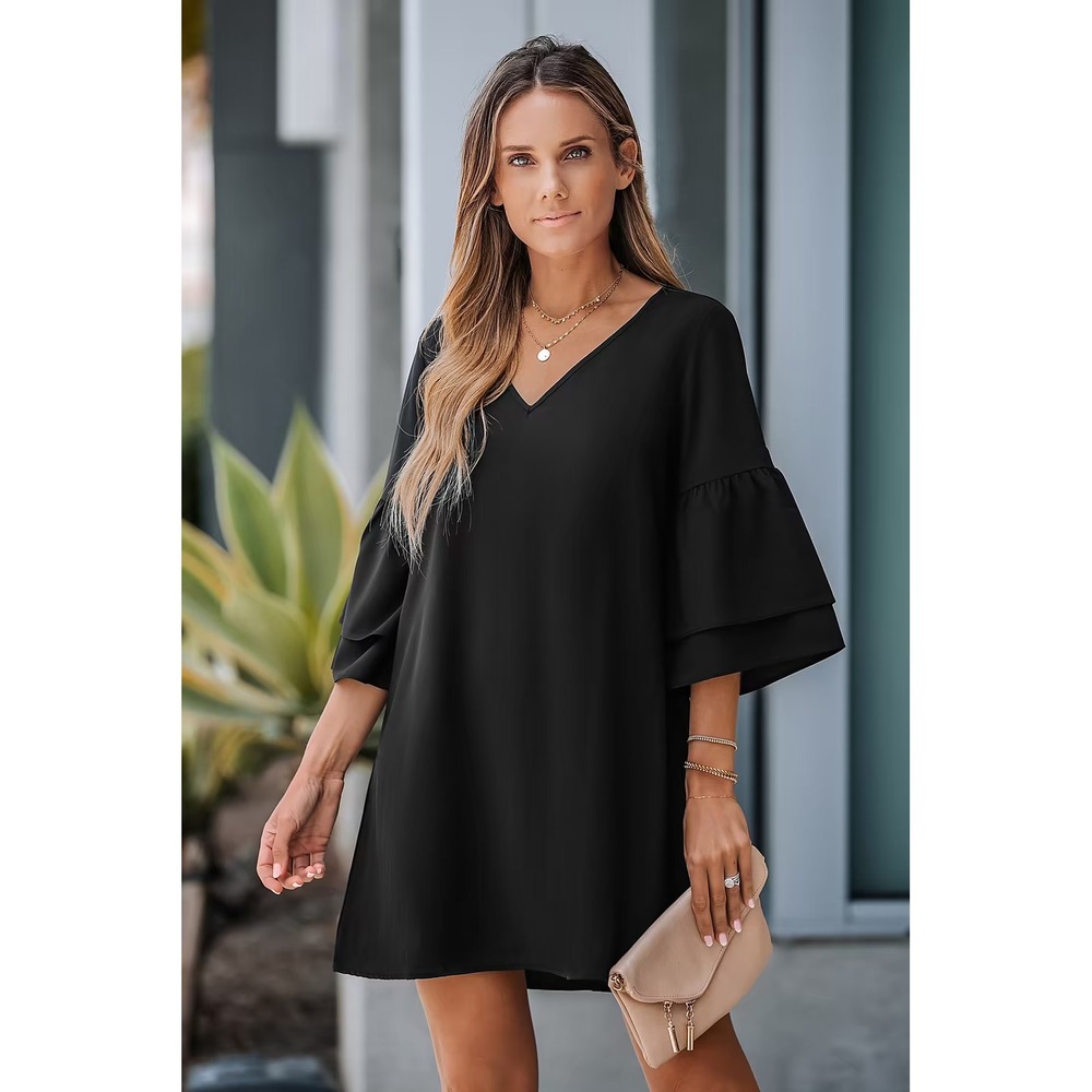Cupshe Black Pearl V-neck Flared Sleeve Short Dress size L